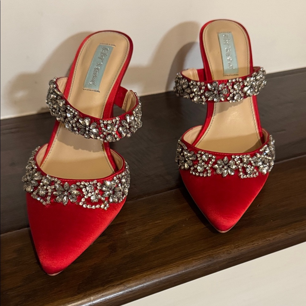 Betsey Johnson Red Satin Heels with Silver Embellishments
